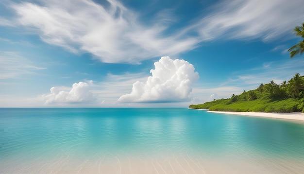 uma imagem de uma praia com uma praia e nuvens no céu