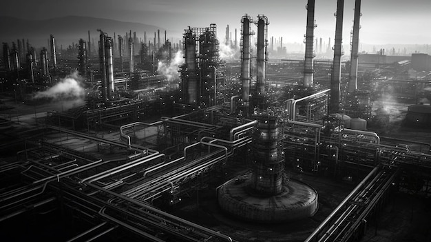 Uma imagem de uma refinaria de petróleo com oleodutos e tanques AI Generative