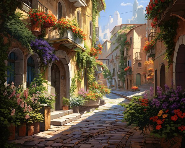 uma imagem de uma rua com flores e um edifício com uma varanda no fundo