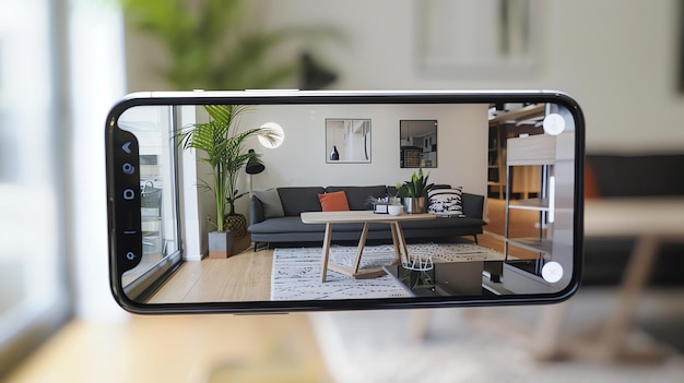 Foto uma imagem de uma sala de estar com um sofá, uma mesa de café, plantas de tapete e decorações