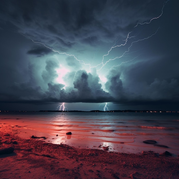Foto uma imagem de uma tempestade com raios com uma luz vermelha ao fundo.