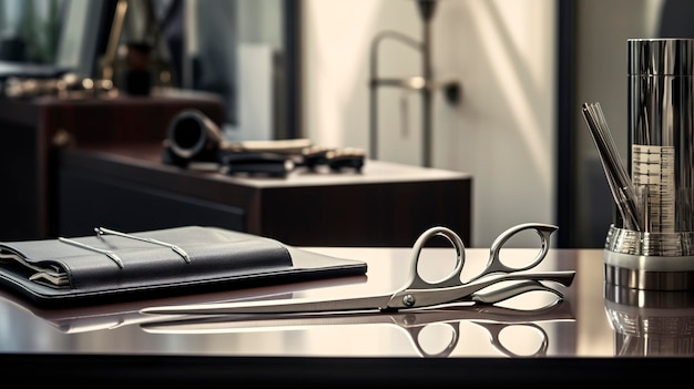 Uma imagem de uma tesoura de cabeleireiro profissional em uma mesa de salão