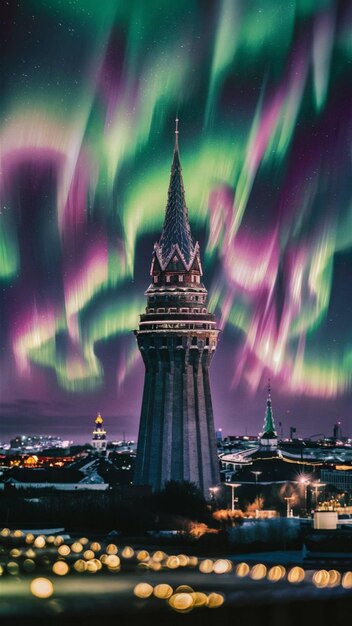 uma imagem de uma torre com a aurora boreal no topo