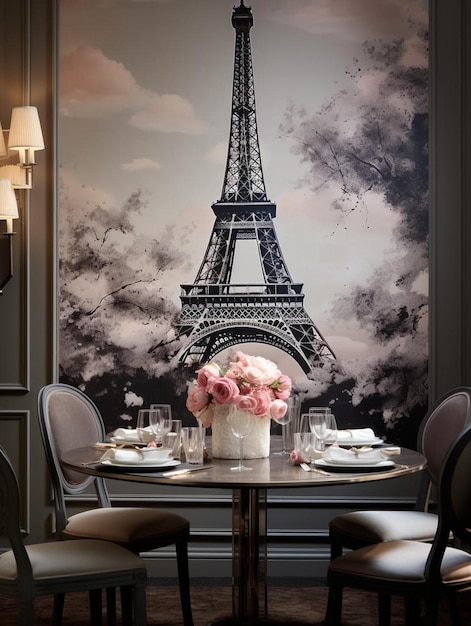 uma imagem de uma torre em uma parede com a Torre Eiffel ao fundo.