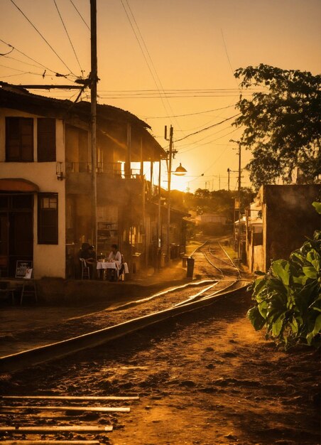 Foto uma imagem de uma trilha de trem com um trem descendo as trilhas