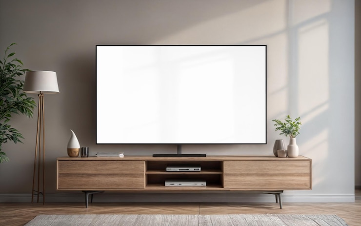 Foto uma imagem de uma tv branca em uma sala