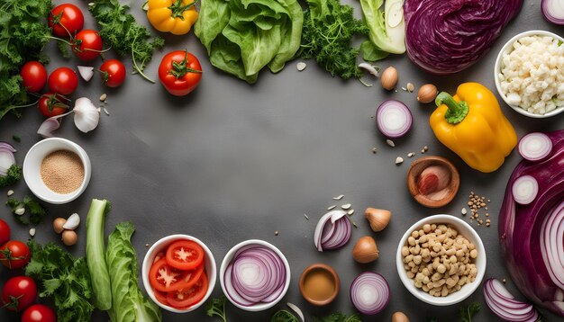 uma imagem de vegetais e uma tigela de cebolas com uma tigela De nozes e cebolas