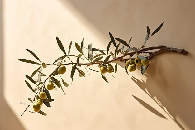 Uma imagem de verão contemporânea e simples, com a silhueta de um ramo de oliveira banhado em su