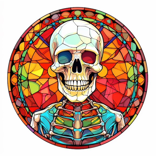 Uma imagem de vitral brilhantemente colorida de um esqueleto em um círculo generative ai