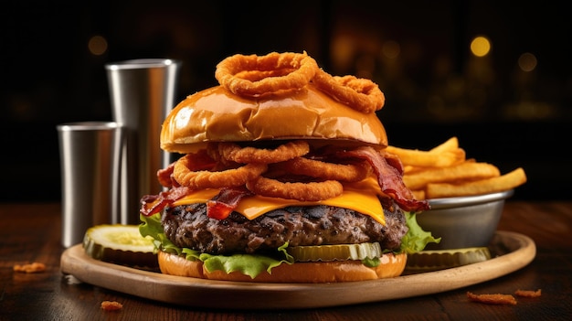 Uma imagem deliciosa de um hambúrguer suculento empilhado com tomate de alface e queijo