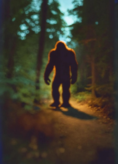 Uma imagem desfocada de Bigfoot em uma foto noturna de estilo amador