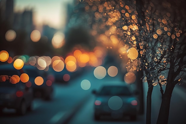 Uma imagem desfocada de carros dirigindo por uma rua da cidade à noite