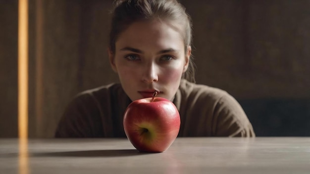 Uma imagem desfocada de uma pessoa com uma maçã vermelha à esquerda
