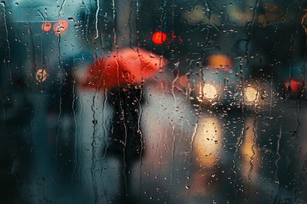 Uma imagem desfocada de uma rua chuvosa com uma pessoa segurando um guarda-chuva