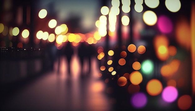 Uma imagem desfocada de uma rua com luzes e uma imagem desfocada de pessoas