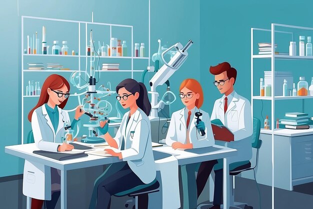 uma imagem detalhada de um professor e alunos que estudam medicina regenerativa e engenharia de tecidos ilustração vetorial em estilo plano