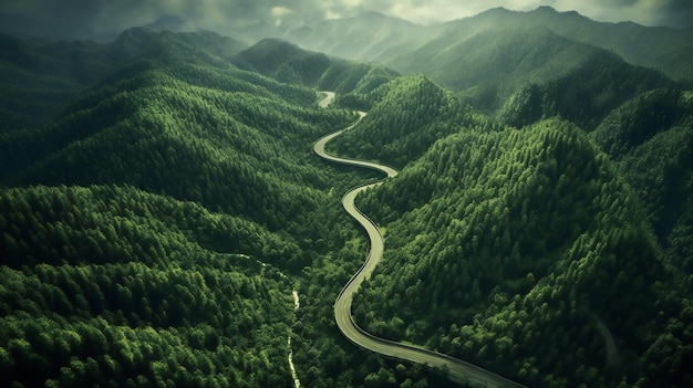 Uma imagem detalhada e realista de uma estrada florestal de uma perspectiva de olho de pássaro