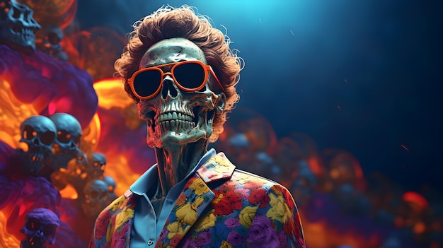 uma imagem digital colorida de um homem esquelético em seus óculos de sol