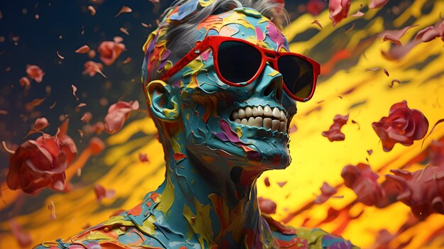 uma imagem digital colorida de um homem esquelético em seus óculos de sol