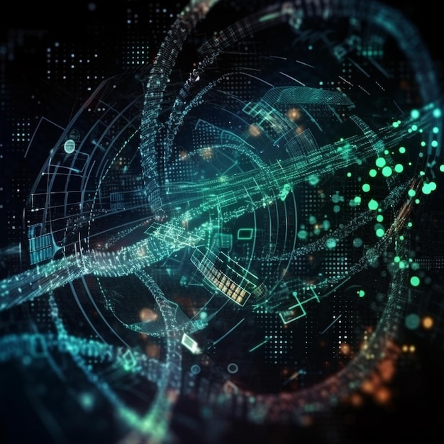 Uma imagem digital de um design futurista com fundo azul e a palavra tecnologia.