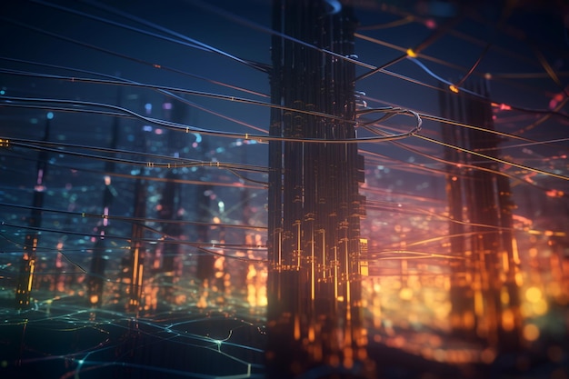 Uma imagem digital de uma cidade com uma luz neon e as palavras 'cyber city'