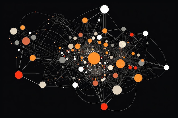 Uma imagem dinâmica com círculos laranja e branco em um fundo preto Uma impressionante representação minimalista de redes de criptomoedas Gerada por IA