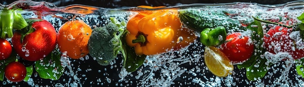 Uma imagem dinâmica de legumes e frutas frescos fazendo um salpico na água
