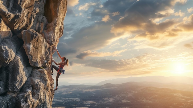 Uma imagem dinâmica de uma mulher totalmente imersa na escalada em rocha mostrando sua força e determinação o penhasco acidentado e a vasta paisagem abaixo dela destacam a adrenalina e a IA livre