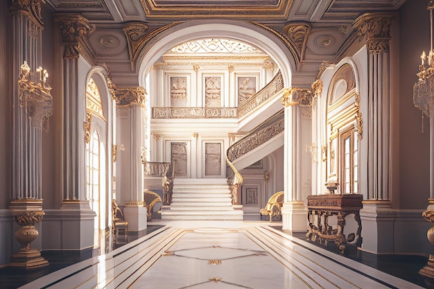 Uma imagem do interior de um palácio de luxo dourado com mármore branco e mobília dourada generative ai