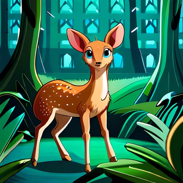 Uma imagem dos desenhos animados de um cervo em uma floresta com um fundo azul.