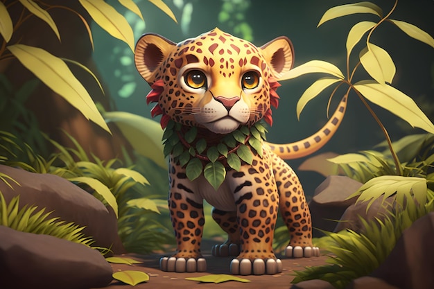 Uma imagem dos desenhos animados de um leopardo com uma cauda verde e um olho vermelho.