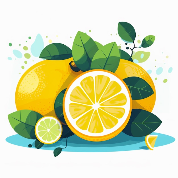 Uma imagem dos desenhos animados de um limão com folhas verdes e um limão cortado.