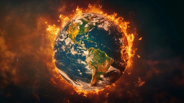 Uma imagem dramática da Terra envolvida em chamas simbolizando um desastre global ou mudança climática