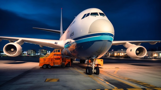 Uma imagem dramática de um avião de carga pronto para decolar, enfatizando a importância do frete aéreo no transporte de carga empresarial global