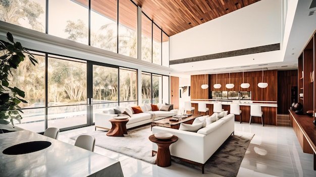 Uma imagem elegante do interior de uma villa moderna, destacando seu design espaçoso de conceito aberto e conexão perfeita com a natureza