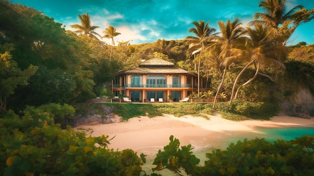 Uma imagem elegante e tranquila de uma villa luxuosa aninhada entre folhagens exuberantes perto de uma praia intocada