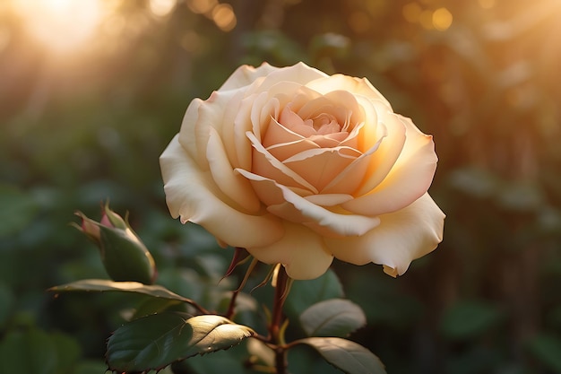Uma imagem em alta definição de uma rosa intocada aninhada num jardim antigo.