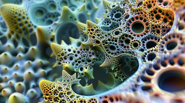 Foto uma imagem em alta magnificação de nanomateriais bioinspirados que se assemelham a minúsculos grãos de pólen com intrincados