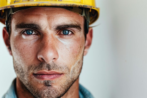 Foto uma imagem em close de um homem em roupas de trabalho e um capacete amarelo