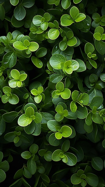 Uma imagem em close-up de um arbusto natural de folhas de plantas verdes espalhadas