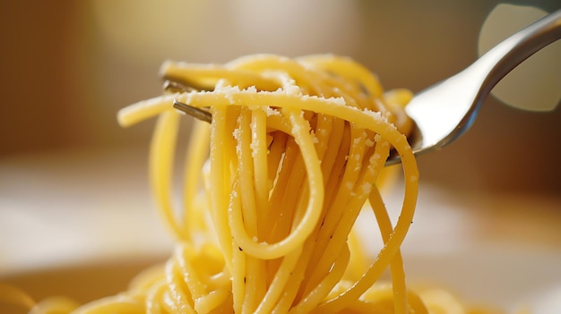 Uma imagem em close-up de um garfo girando espaguete Os macarrão são amarelos e o fundo é desfocado