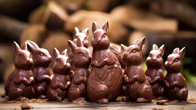 Uma imagem em close-up de um grupo de coelhinhos de chocolate de leite posados em uma mesa de madeira contra um fundo desfocado de lenha