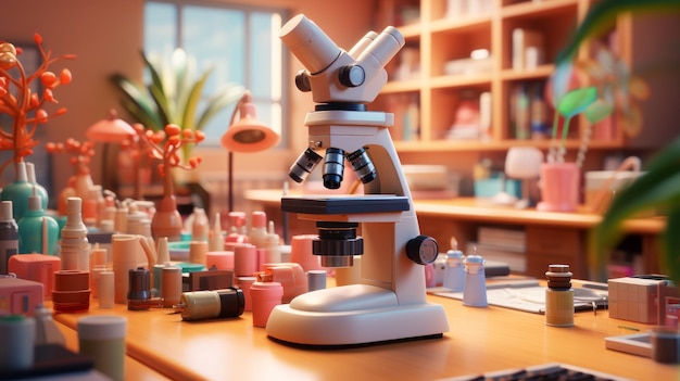 Foto uma imagem em close-up de um microscópio em um laboratório com garrafas e outros equipamentos na mesa