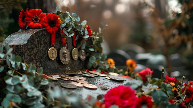 Uma imagem em close-up de um túmulo decorado com flores vermelhas e medalhas O túmulo é feito de mármore escuro e tem uma inscrição esculpida