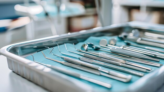 Foto uma imagem em close-up de uma bandeja de instrumentos dentários os instrumentos são feitos de aço inoxidável e são usados para uma variedade de procedimentos dentários