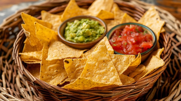 Foto uma imagem em close-up de uma cesta de tortillas com duas tigelas de guacamole e salsa. as batatas são dispostas de forma aleatória.