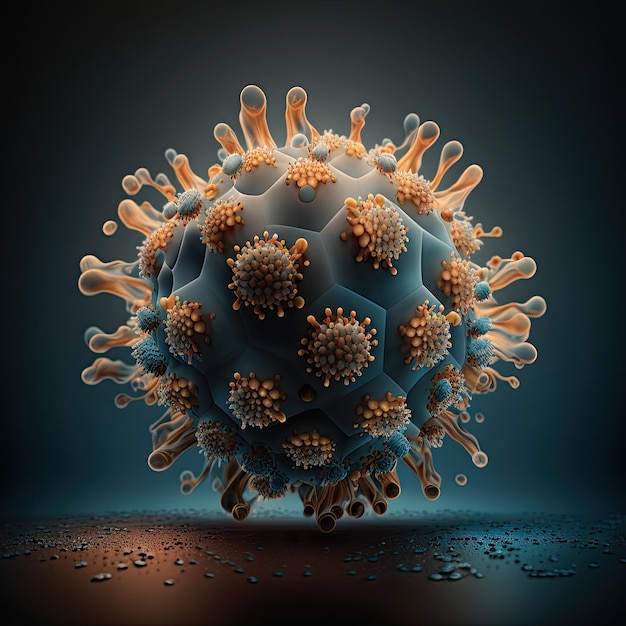 Uma imagem em preto e azul de um vírus com padrões laranja e branco.