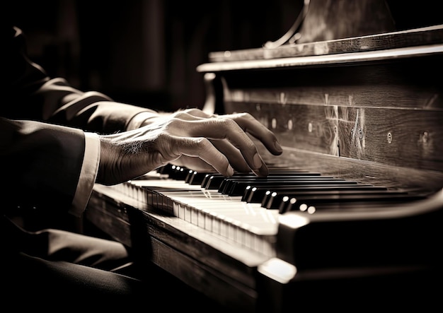 Foto uma imagem em preto e branco das mãos de um pianista tocando um piano de cauda enfatizando o atemporal