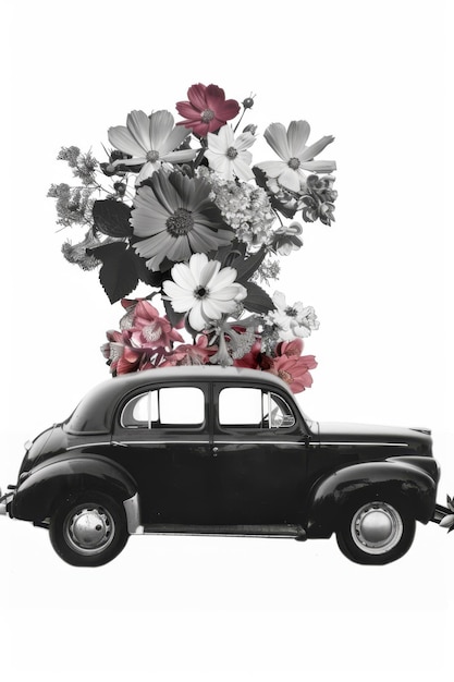 Foto uma imagem em preto e branco de um carro com flores no topo