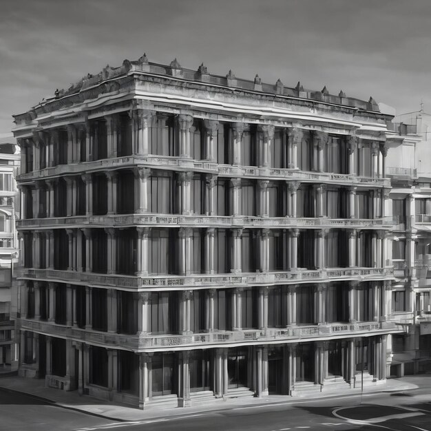 Uma imagem em preto e branco de um edifício com um fundo branco